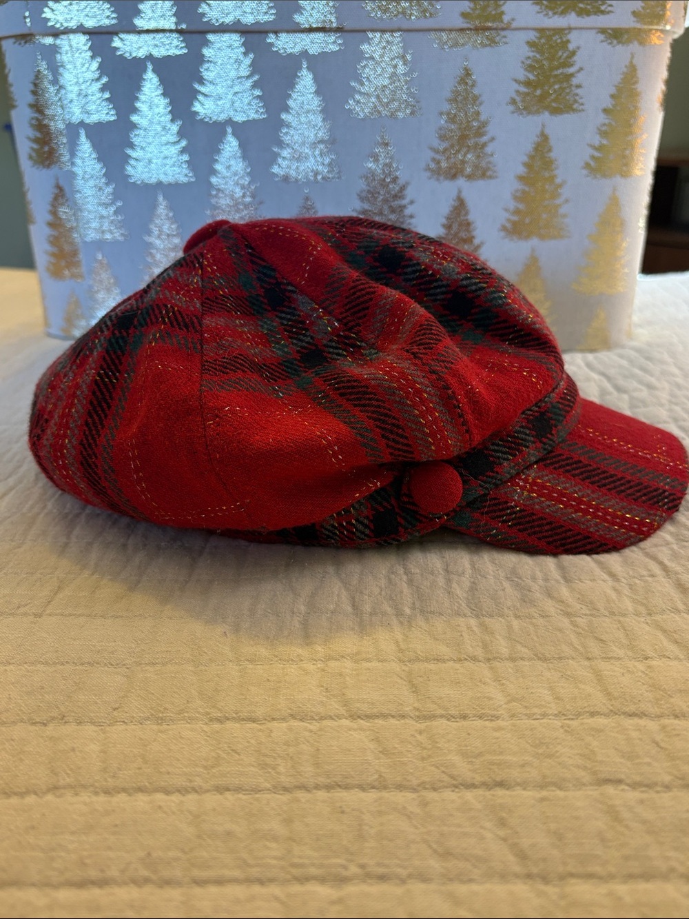 D&Y Wonens Red Plaid Newsboy Cap with silver and gold threading.